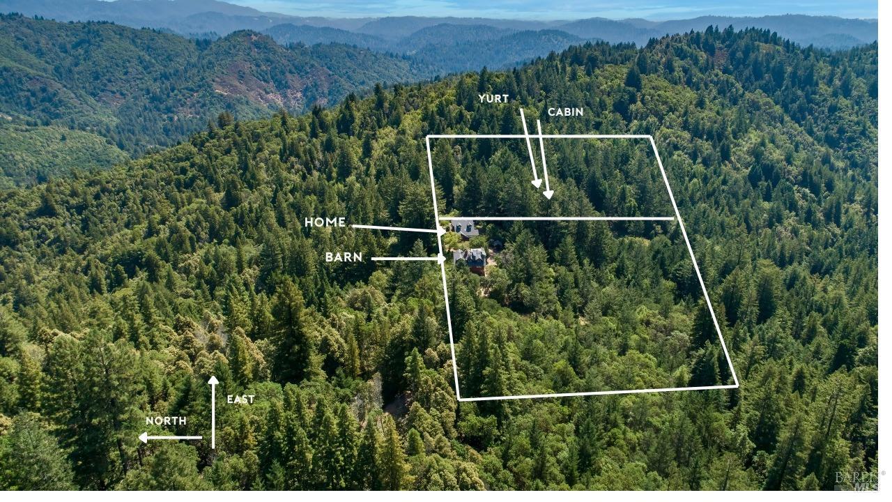 New Price for 16 acres with a Home, Barn, Yurt, and Cabin. The properties sit 1.3 miles up a partially paved road from Old Cazadero Rd, on a ridge. Use 15800 for GPS. Total privacy, but close to town, just 3 miles to Guerneville. This off-grid property has owned solar (12KwHr Li Battery), septic, and 2 wells. HOME- The main home is modern and clean with white oak floors throughout, Douglas Fir doors and trim, charming architecture, abundant light, great views, and semi-open kitchen. The exterior has freshly painted cement board siding and rebuilt decks. Three bedrooms are upstairs with a full bath and shower over tub. BARN-The barn is a three-story ag structure. The bottom floor is a practical cement pad workshop area, complete with roll-up doors (about 900 sq ft). 4kW inverter 24 volt system with Li Battery backup is here. The second floor (1000 sq ft) is a large gathering space. Three additional rooms on the second floor and the loft space can provide privacy for offices or storage. The Yurt and Cabin overlook a south-facing meadow with spring. Together, they have sinks, an outdoor shower, wood-burning stove, on-demand water heater, flush composting toilet, and lovely decks. 22 acres adjoining with a building site can be purchased for $150,000 more. See 18039 Old Caz in Land.