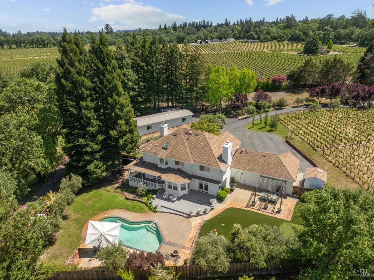 Beautiful 4 bed 3 bath home set on an ultra-private 2.2-acres. Admire the sunset behind the vineyard from the wrap-around covered porch. Imagine curating homemade olive oil, from the olive trees in the yard, in the bright, open-concept chef's kitchen- equipped w/ Viking gas stovetop, KitchenAid ovens, built-in KitchenAid refrigerator & the view of the sparkling pool. Up the curved staircase sits all 4 bedrooms including the spacious primary suite. Generously sized w/ vaulted ceilings, sitting area & serene garden view. The spa-inspired ensuite bath features radiant heated floors, a soaking tub, walk-in shower, marble double vanity, wall mounted faucets, skylight and walk-in closet. The 1,161 sq ft detached structure offers unlimited opportunities - perfect for a car collection, home gym, creative workshop, or maybe even a stable for your furry friends. The vineyard beckons you for evening strolls. The backyard putting green is perfect for the golf enthusiast. The flat usable land is primed for equestrian pursuits or a future pickleball or volleyball court. Owned 11.178 kWh solar system w/ coveted NEM-1 contract, as well as brand-new Rheem heat pump/AC units. Gated entry ensures peace & seclusion. This is more than a homeit's a lifestyle, & oh what a life it will be.