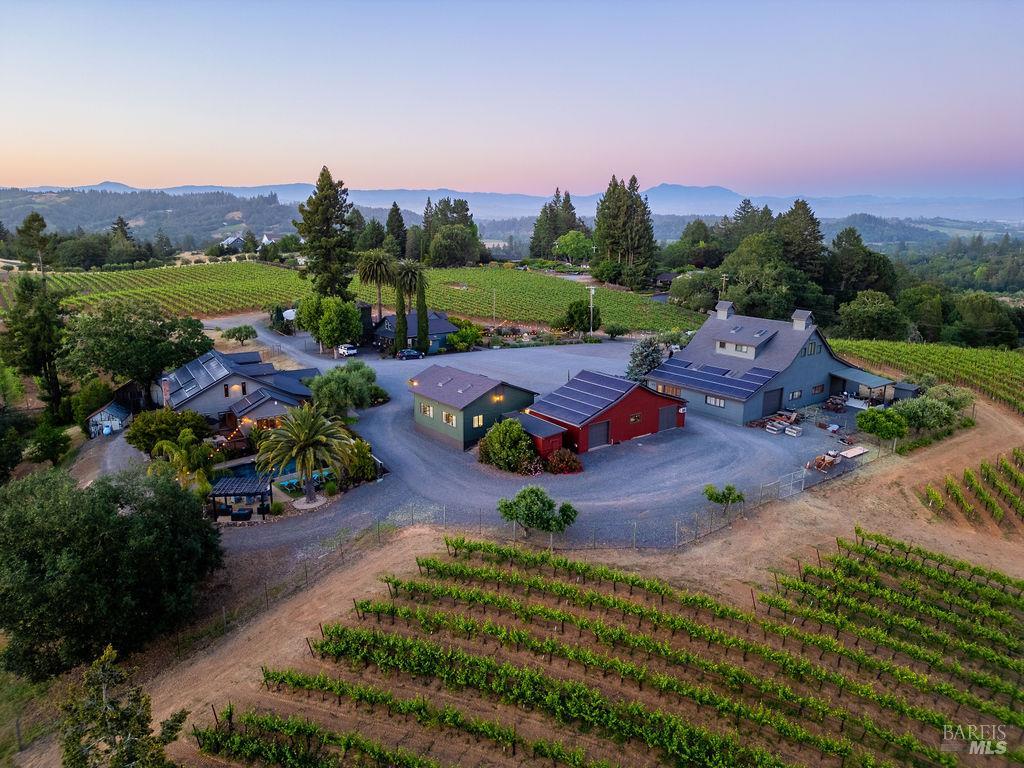 Giusti Ranch & Vineyards is a turn-key legacy ranch founded in 1875. This 19+ acre estate features nine acres dedicated to prized Pinot Noir vines, supplying grapes to the renowned Kosta Browne Winery achieving $336,767 in gross revenue for 2024 with an ongoing contract. Featured on CBS's Emmy Award-winning show 'Staycation Wine & Dine', in which the centerpiece is a 3490 sqft, 4-bedroom, 4-bath main ranch house, a coveted vacation rental complete with a 10' deep swimming pool, built-in hot tub, and an upper deck hot tub. The property boasts nine distinctive buildings; three are original historic structures. There's an original 2614 sqft farmhouse, an original barn converted to an inviting 1100 sqft, 2-bedroom cottage, and a newly constructed 3600 sqft barn featuring a 1500 sqft loft offering breathtaking views. Also, a 1200 sqft red barn with climate-controlled wine storage is primed for a future tasting room with panoramic vistas. Generating $213,365 annually from Airbnb and rentals in 2024, this is a rare opportunity to own a prestigious wine country retreat with substantial income, minimizing holding costs, and maximizing lifestyle. Furthermore, the property enjoys an excellent location, a short drive from downtown Forestville and 15 minutes from Sonoma County Airport.