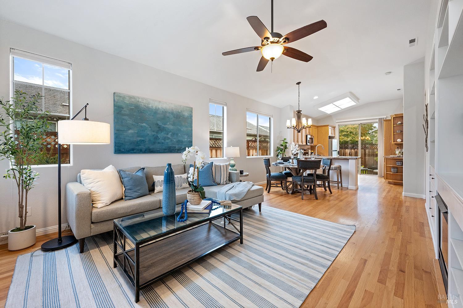 2599  Silver Spur Drive  Santa Rosa, California Sparkling single-level Santa Rosa gem in pristine condition, inside and out! This move-in ready home features new front and rear landscaping, ideal for relaxing, entertaining, or indulging your green thumb. Step inside to find gleaming hardwood floors and fresh interior paint, complemented by a kitchen adorned with stainless steel appliances and elegant granite countertops. Essentials are included with the washer, dryer, and refrigerator. The two-car attached garage offers convenience and additional storage.  For energy efficiency, the original furnace was upgraded in 2023 to a heat-pump furnace with air conditioning. A new 40-year roof was installed in 2018, complete with rain gutters and downspouts, alongside new side and rear fencing, and upgraded front porch and fascia woodwork. Enjoy the charming walk-out backyard, perfect for entertaining or unwinding.  This remarkable home also includes Smith & Noble shades, ensuring style and privacy. Don't miss the opportunity to start your next chapter in this beautiful home. Make it yours today!